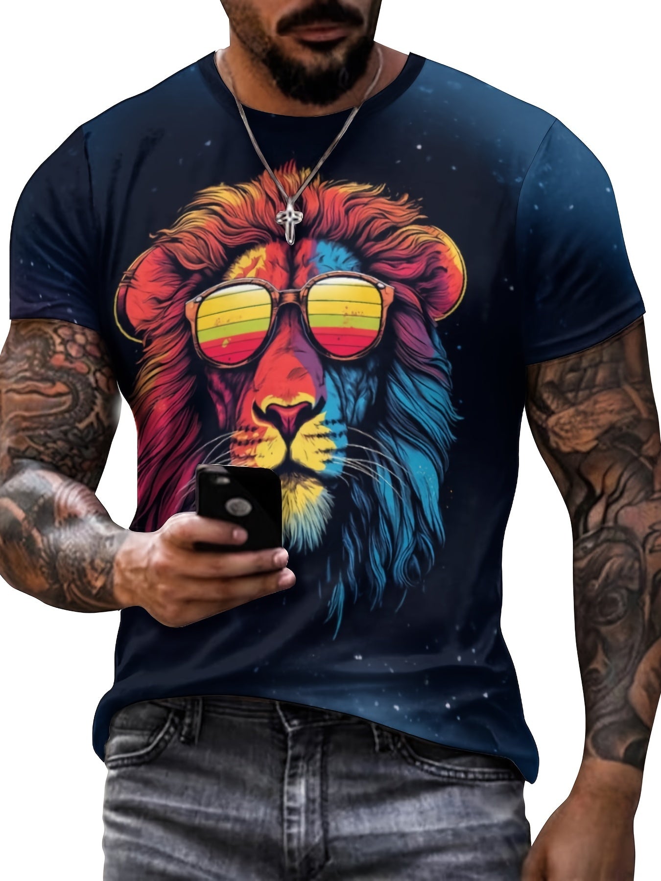 Men's 3D Lion T-shirt Stretchy Breathable Tee