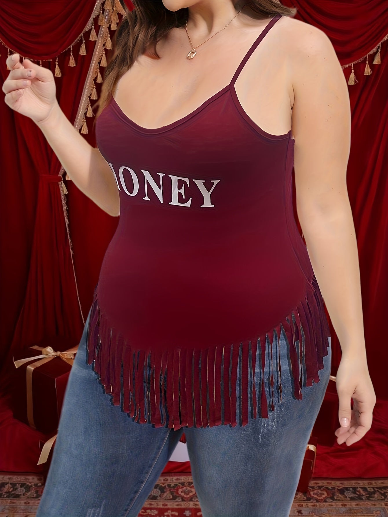 Women's Cami Top with Letter Print & Fringe Trim