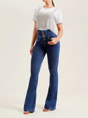 Mid Waist Flare Leg Jeans Sexy Medium Strech Button Fly Denim Pants