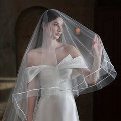 Double Layer Bridal Head Veil with Comb and Satin Edge