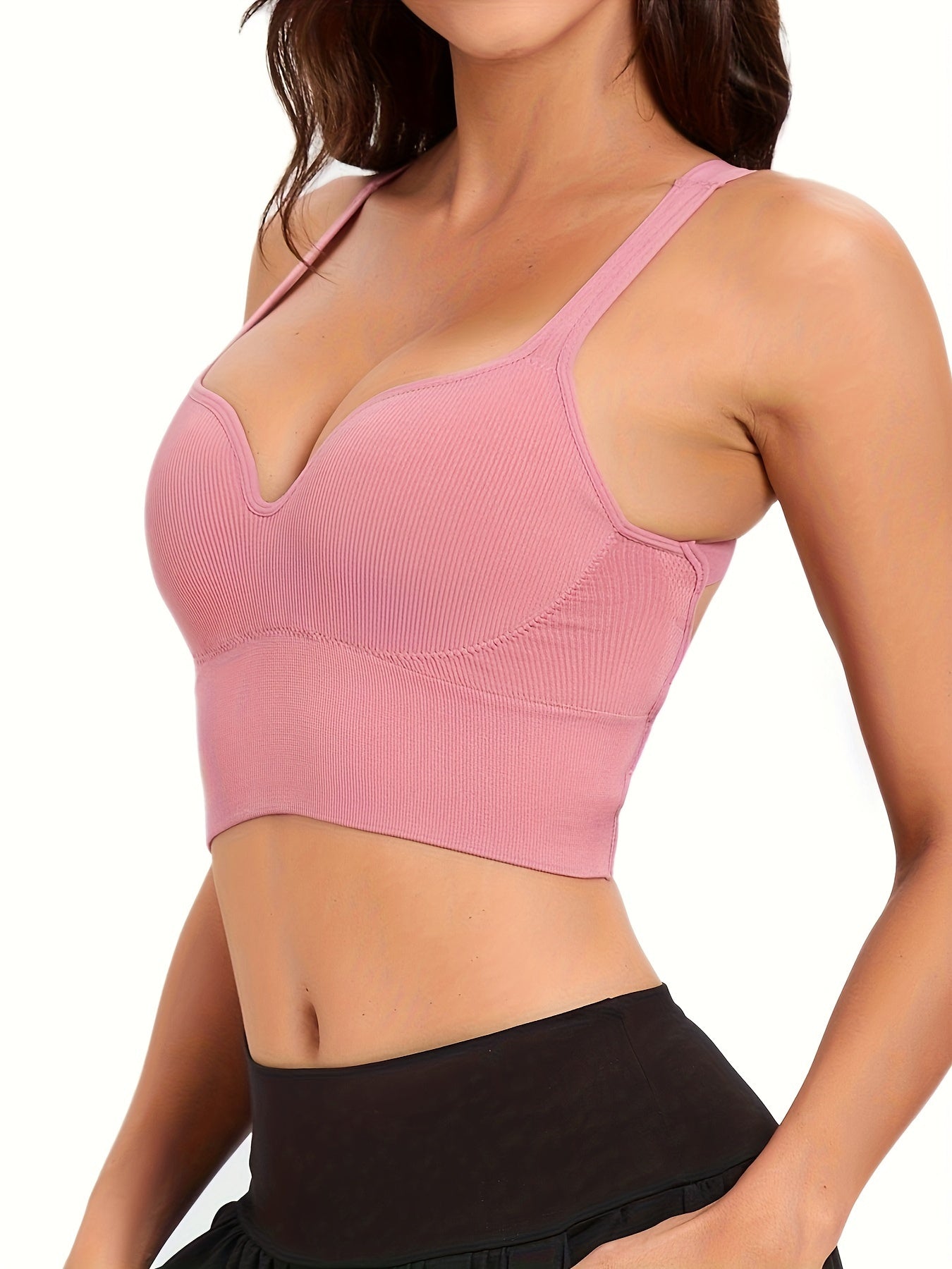 Women's V-neck Ribbed Seamless Backless Sports Bra