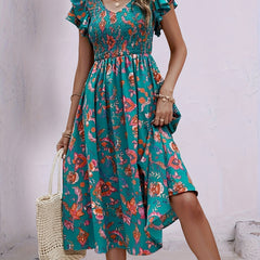 Floral Print Ruffle Dress V Neck Short Sleeve Shirred Dress