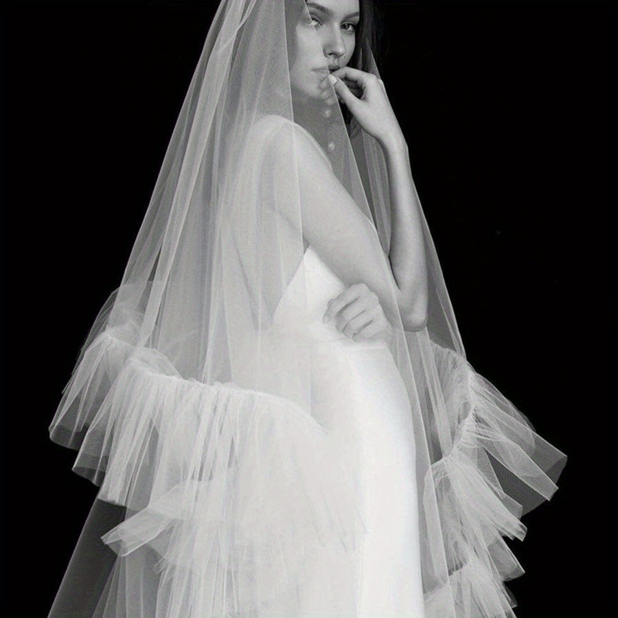 Lace Veil with Ruffles and Long Train Cloud Edged Double Layer