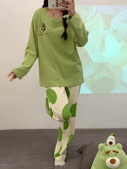 Avocado Print Pajama Set Long Sleeve Top & Pants Women's Sleepwear