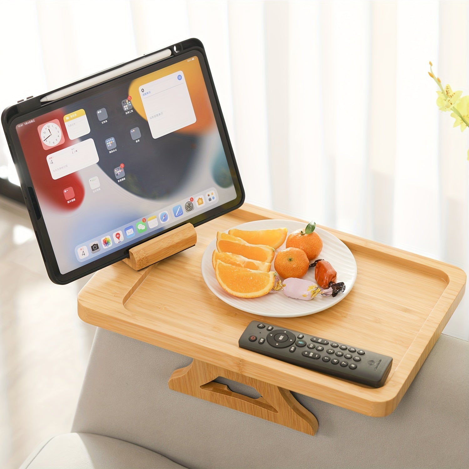 Bamboo Sofa Arm Table with Foldable Tray Clip Table