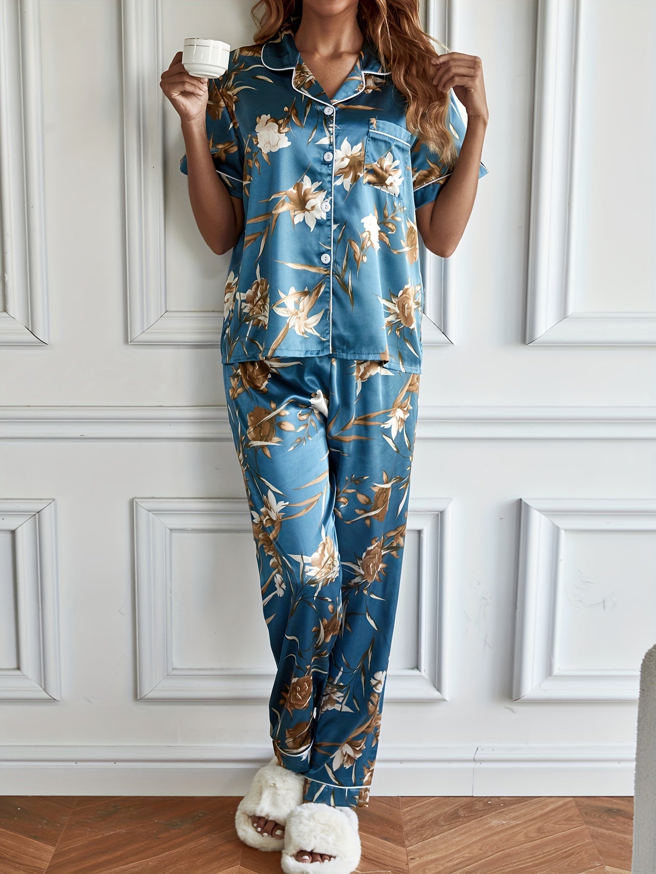 Floral Print Pajamas Set Button Up Blouse & Elastic Waistband Pants