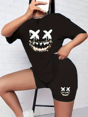 2pcs Cartoon Graphic Loose Short Sleeve T-shirts & Shorts Women's Activewear