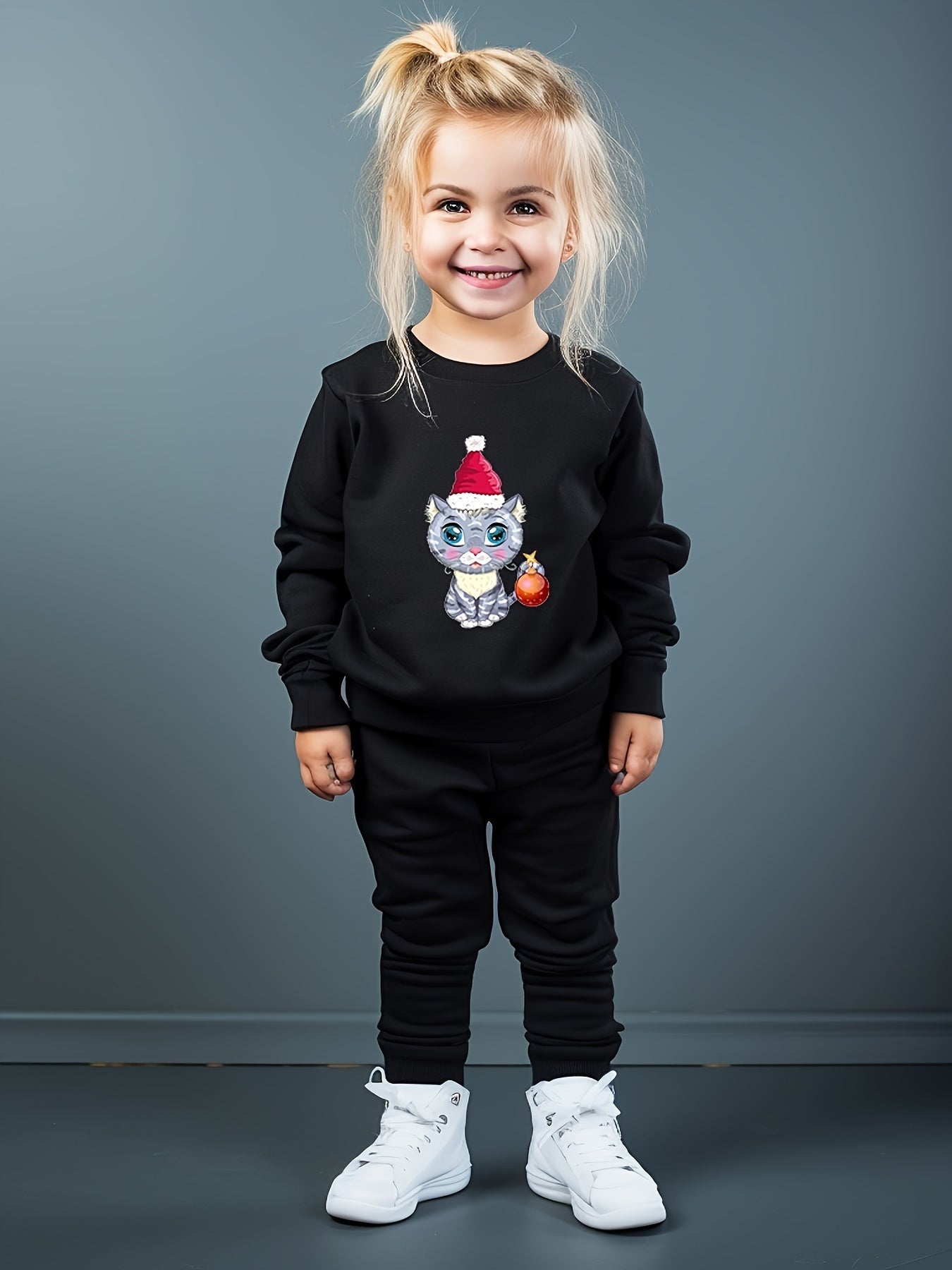 Girls 2pc Cat Crew Neck Sweatshirt and Solid Sweatpants Set