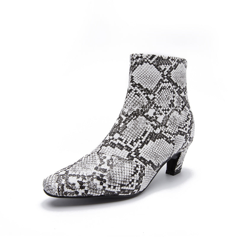 Women's Snakeskin Print Chunky Heeled Short Boots