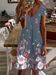 Floral Print V Neck Casual Dress Short Sleeve Summer Spring Women's Clothing