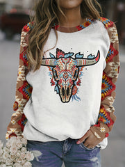 Geometric Ethnic Printed Pullover Shirt Long Sleeve Round Neck