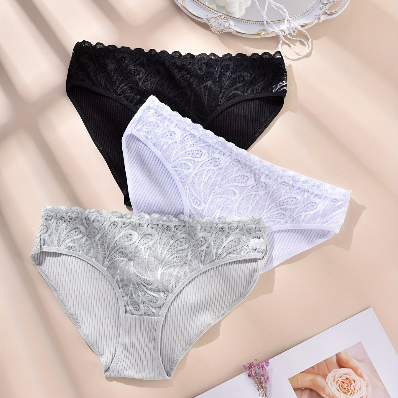 3 Pack Plus Size Panties Women's Floral Jacquard Solid High Stretch Panties Set
