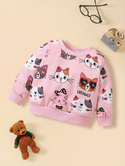 Cat Family Cartoon Ribbed Sweatshirt Crew Neck for Kids