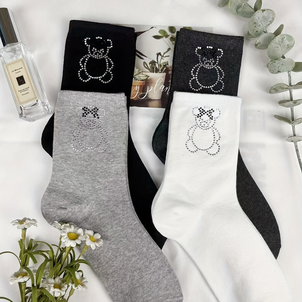 Bear Pattern Rhinestone Socks Mid Tube Women's Stockings