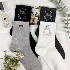 Bear Pattern Rhinestone Socks Mid Tube Women's Stockings