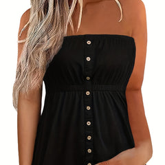 Button Detail Pleated Tube Top Casual Summer Sleeveless Top