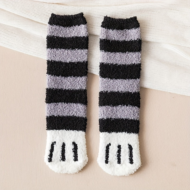2 Pairs Cat Claw Print Socks Comfy & Fuzzy Warm Socks Women's Stockings