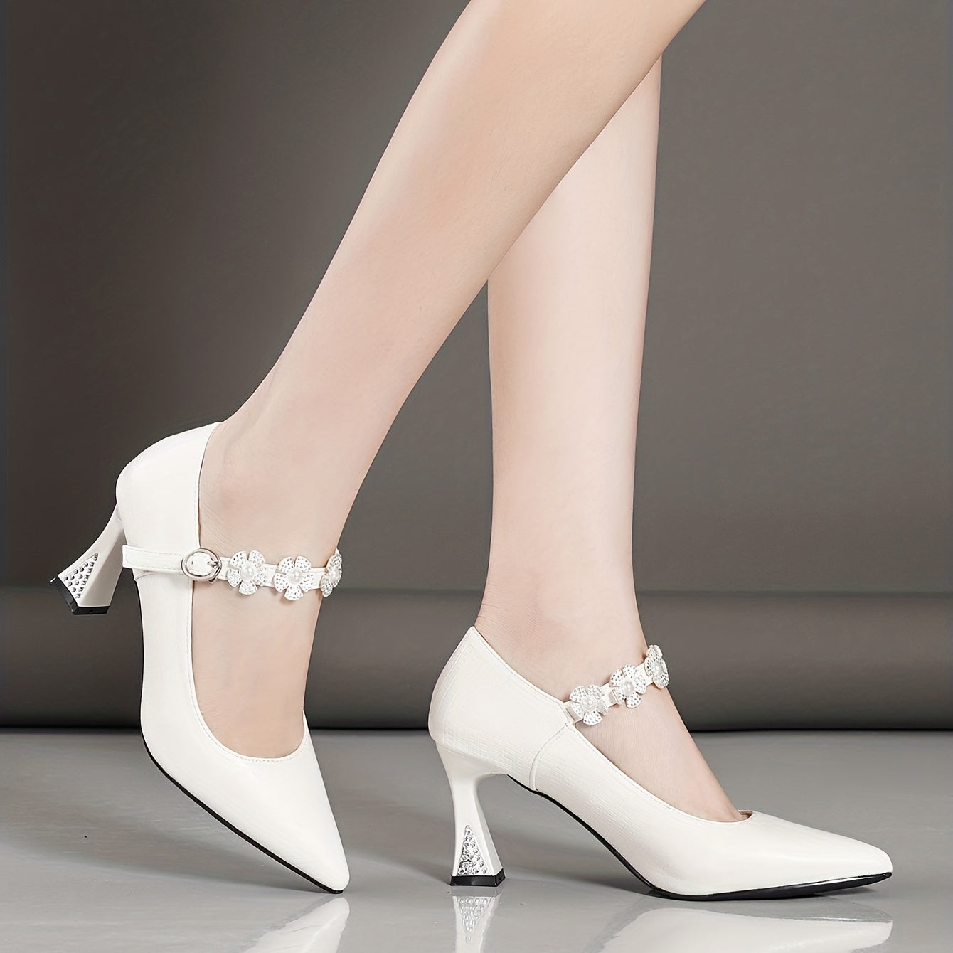 Rhinestone Flower Decor Chunky Heels Point Toe Dress Pumps