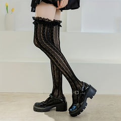 Heart Jacquard Thigh High Stockings Lace Trim Over The Knee Socks