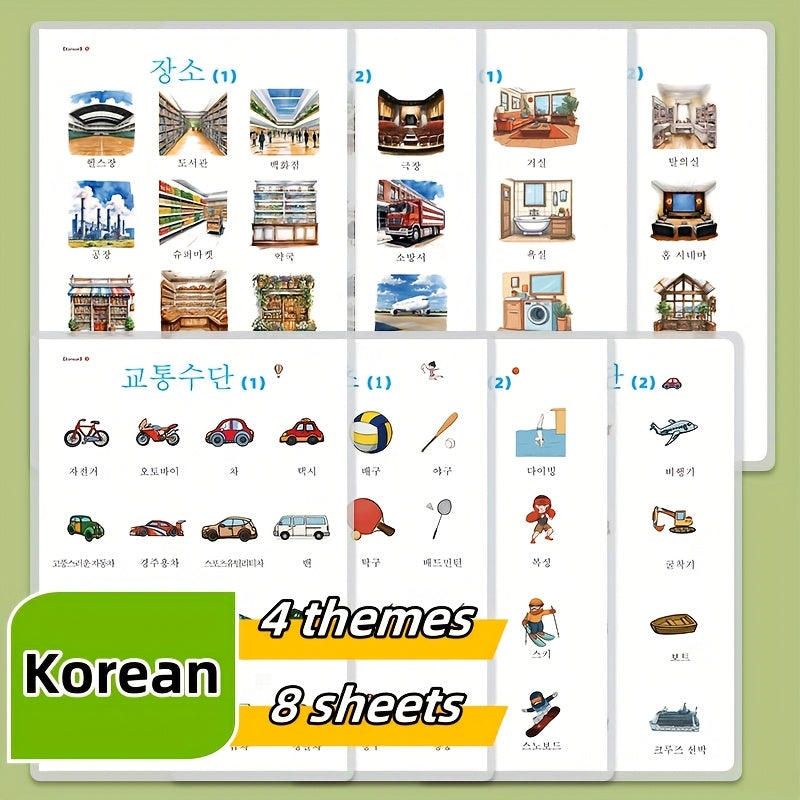 Kids Flashcards Set of 8 Waterproof A4 Posters Sports Transport Places & Houses