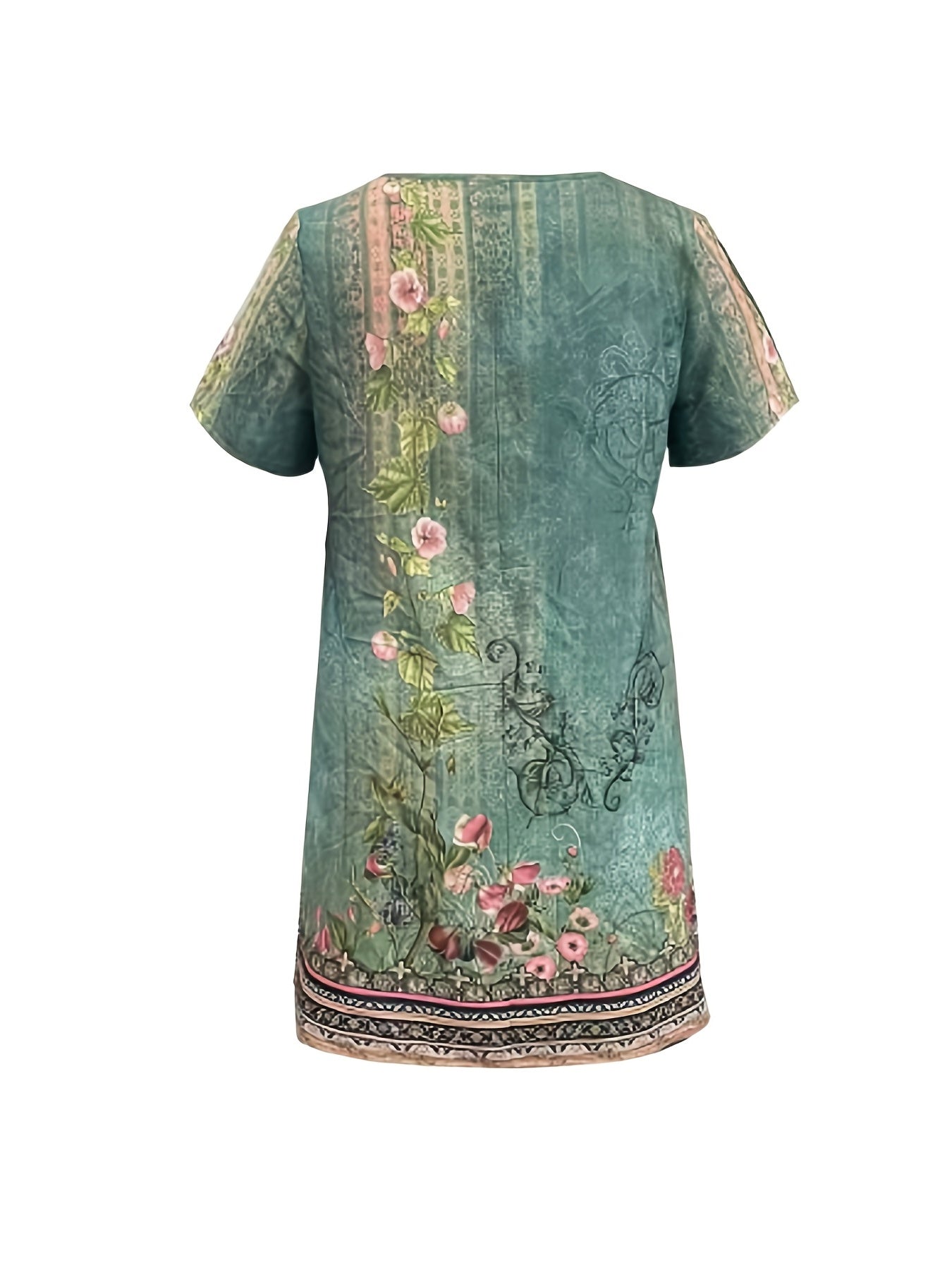 Floral Print Short Sleeve Round Neck Plus Size Dress