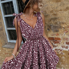 Floral Print V Neck Strappy Dress Sleeveless Casual Dress