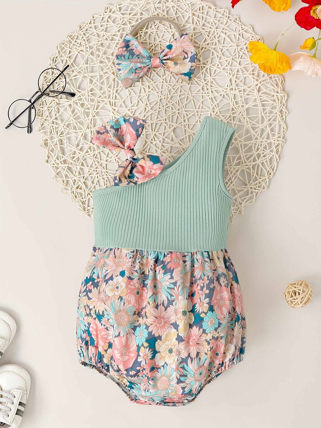 Baby Girls Ribbed One Shoulder Floral Onesie & Headband Set