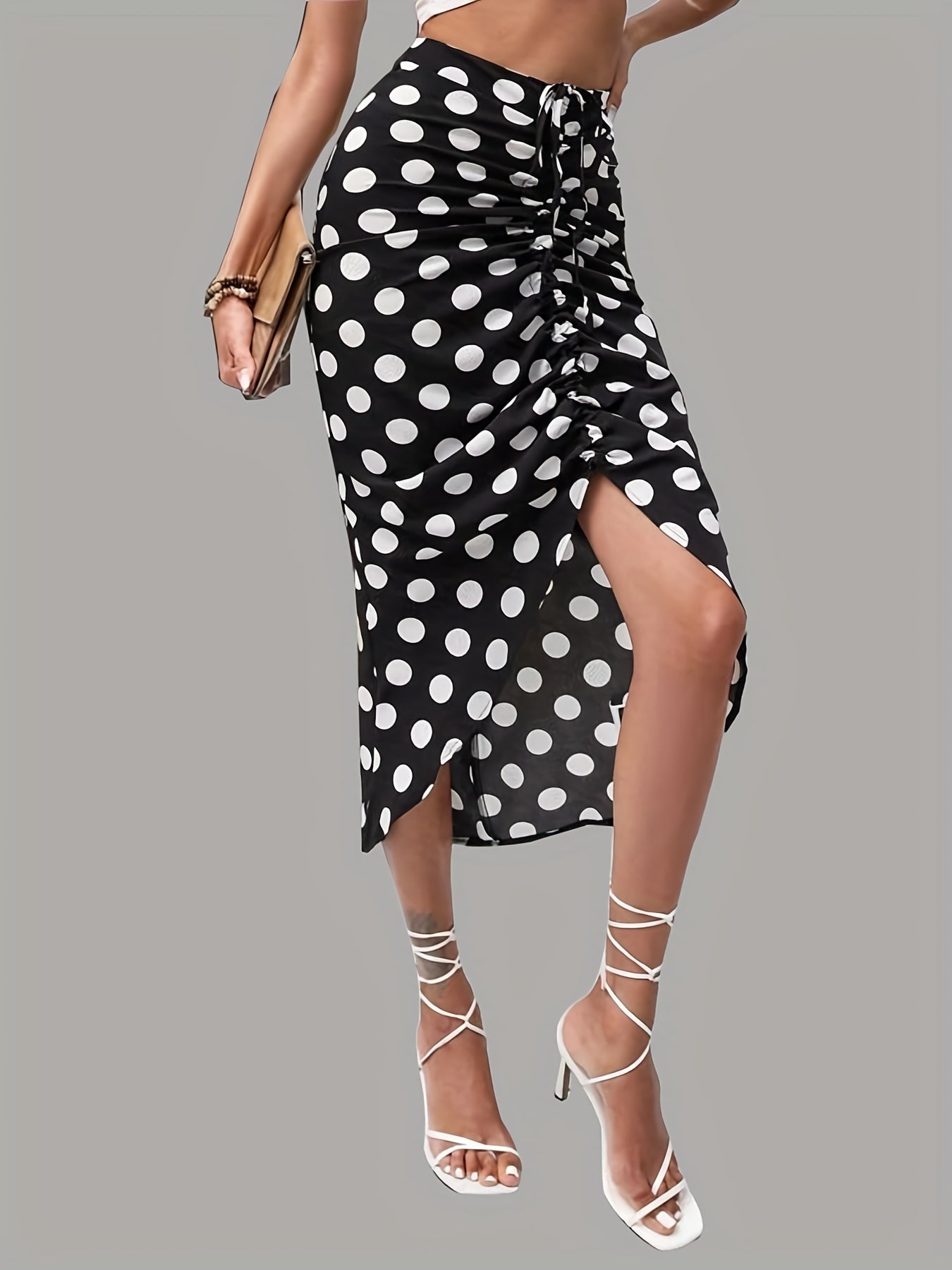 Polka Dot Print Casual Ruched Drawstring Bag Hip Skirt