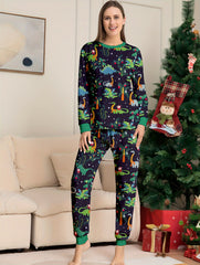 Dino Print Pajama Set Long Sleeve Crew Neck Top & Pants Women's Sleepwear