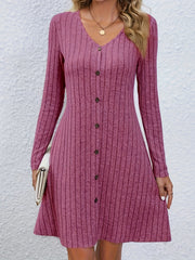 Ribbed Button Decor Long Sleeve V Neck A line Dress