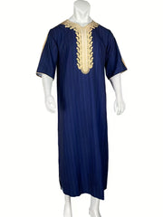 Muslim Men Striped Short Sleeve Thobe Kaftan Islamic Dubai Robes Ramadan Dishdas