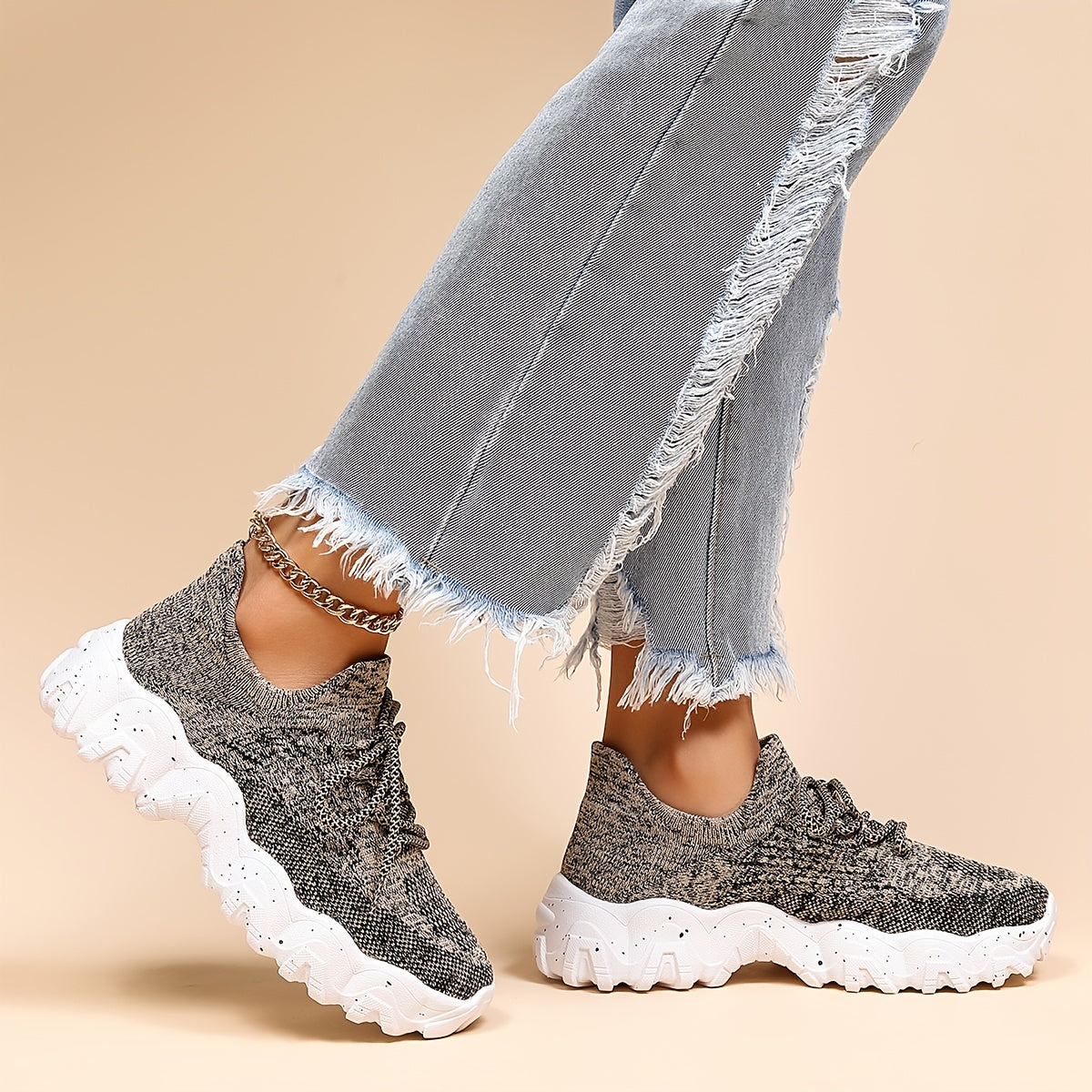 Women's Platform Knit Sneakers Low Top Lace Up Casual Shoes