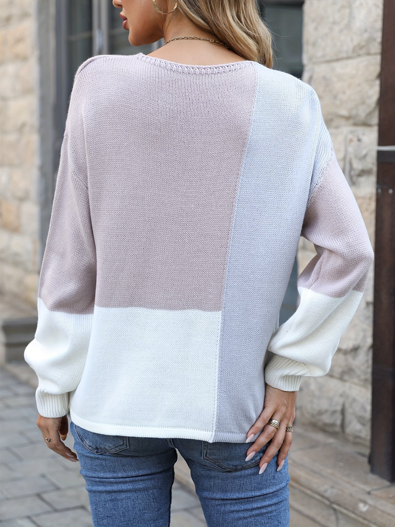 Drop Shoulder V Neck Sweater Loose Pullover Knitted Top