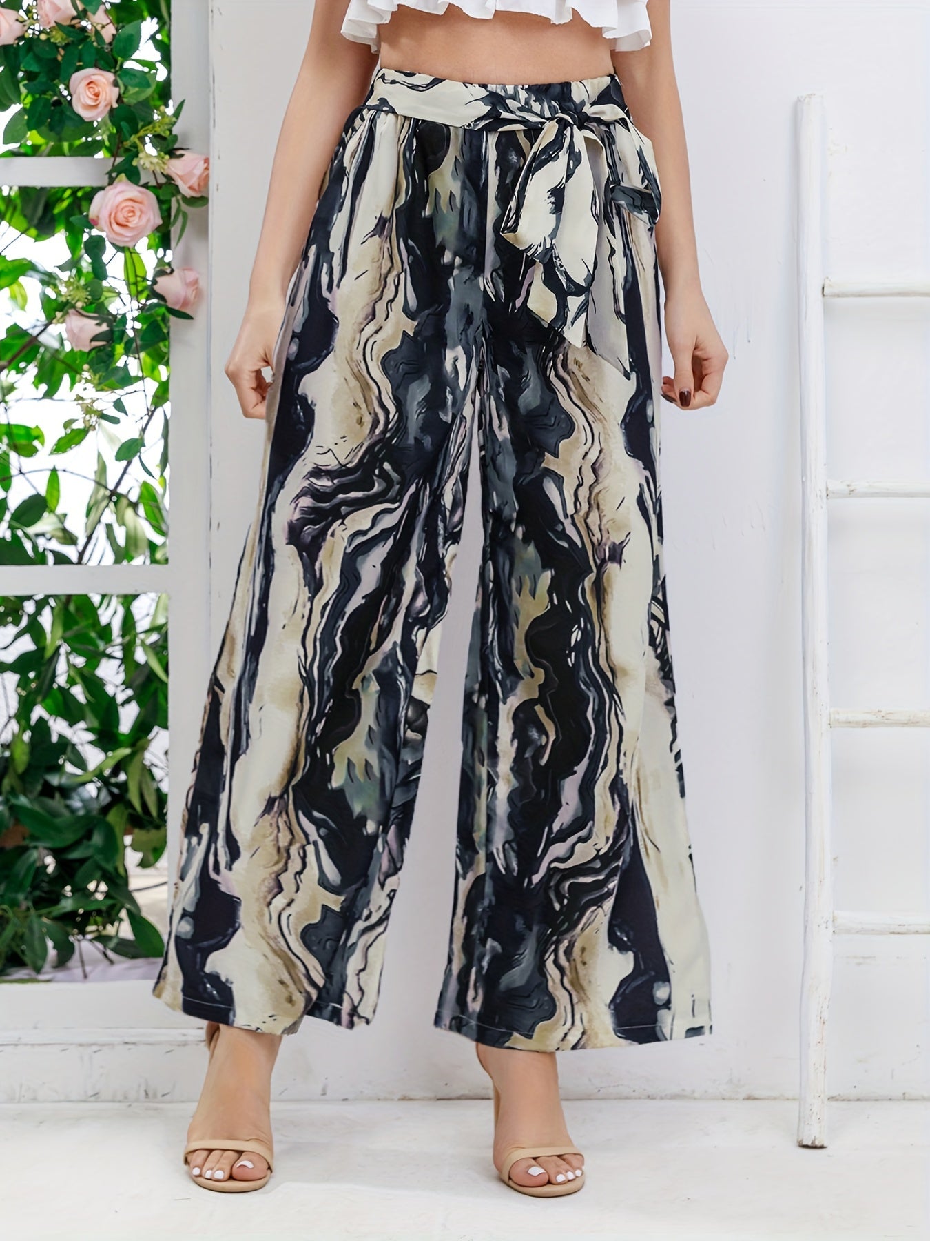 Abstract Print Wide Leg Pants Waist Tie Casual Pants Women's Clothing