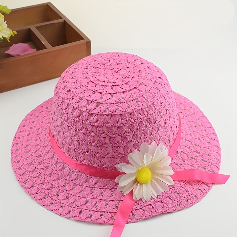 Girls Floral Straw Sun Hat Lightweight Sunscreen Breathable Cap for Kids