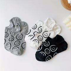 3 Pairs Funny Face Low Cut Ankle Socks Soft Gray