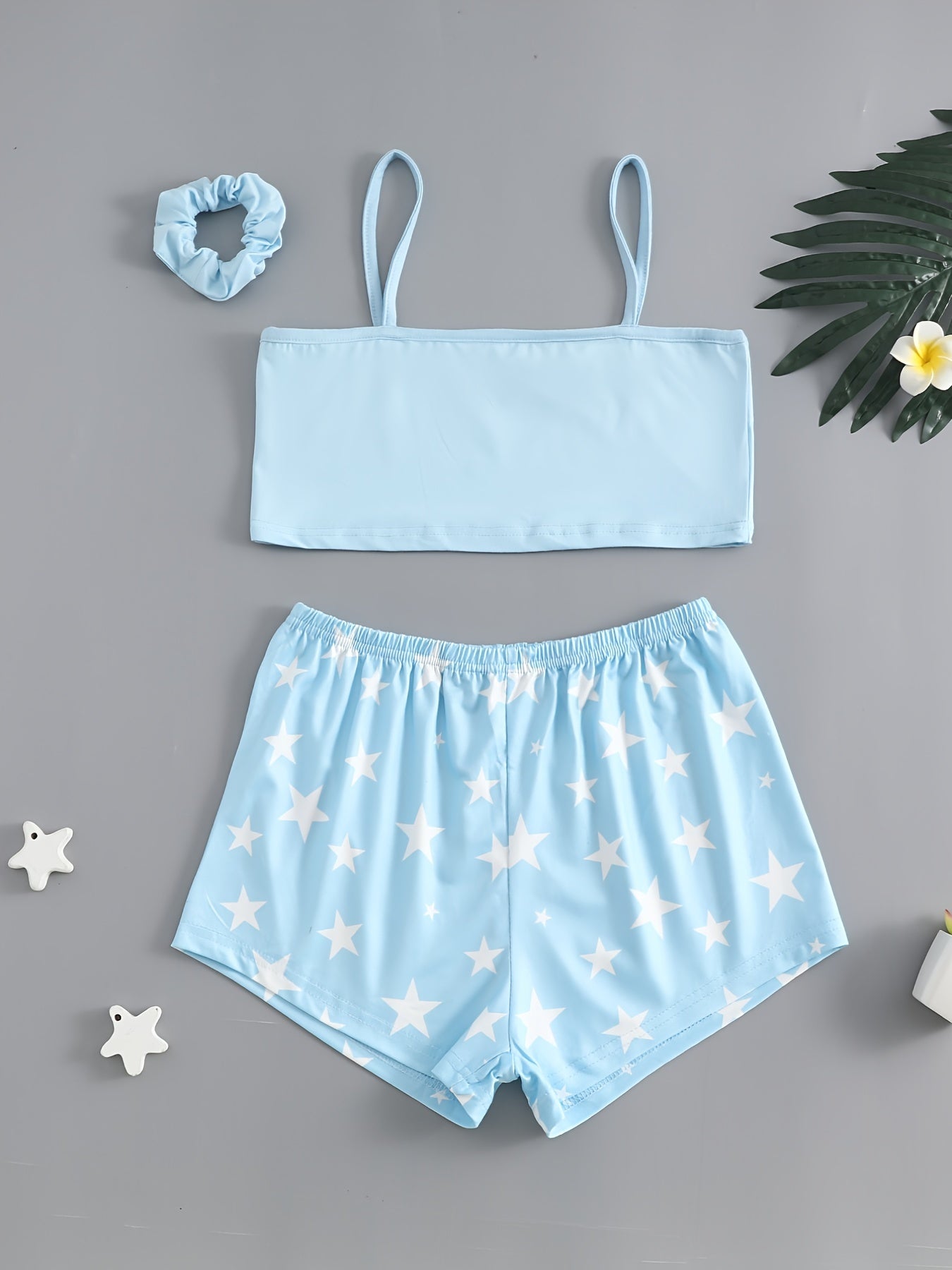 Girls Star Print Tank Top Shorts Set with Hair Band