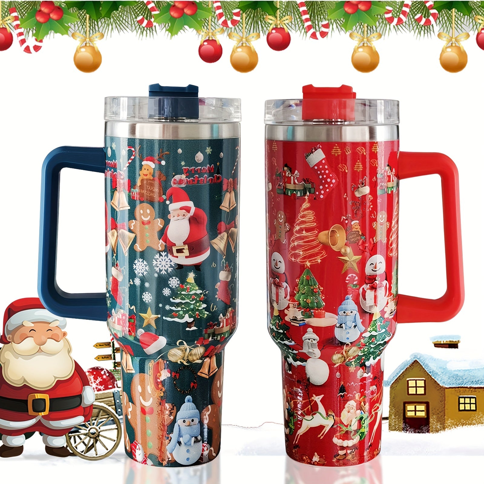 40oz Christmas Insulated Tumbler with Handle & Straw