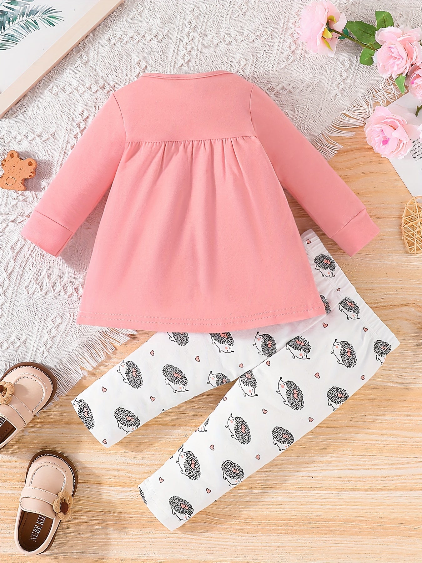 Girls Hedgehog Print Sweatshirt Dress & Full Print Pants Set