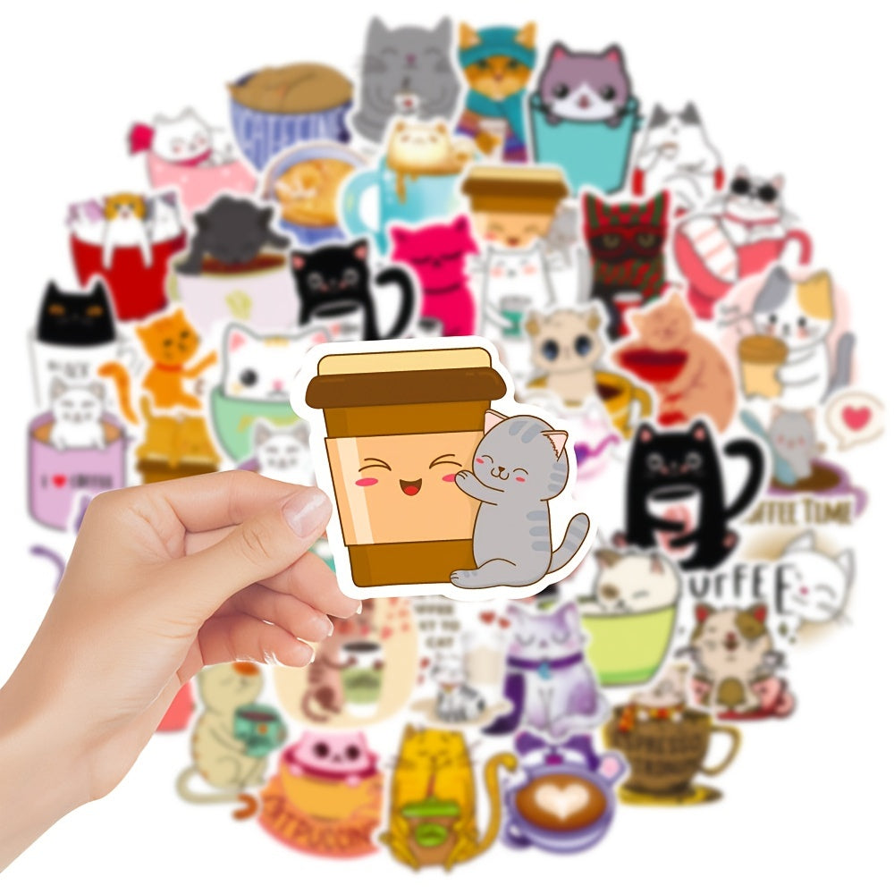 50 Pcs Cat Coffee Cup Waterproof Sticker DIY Toy Sealing Sticker
