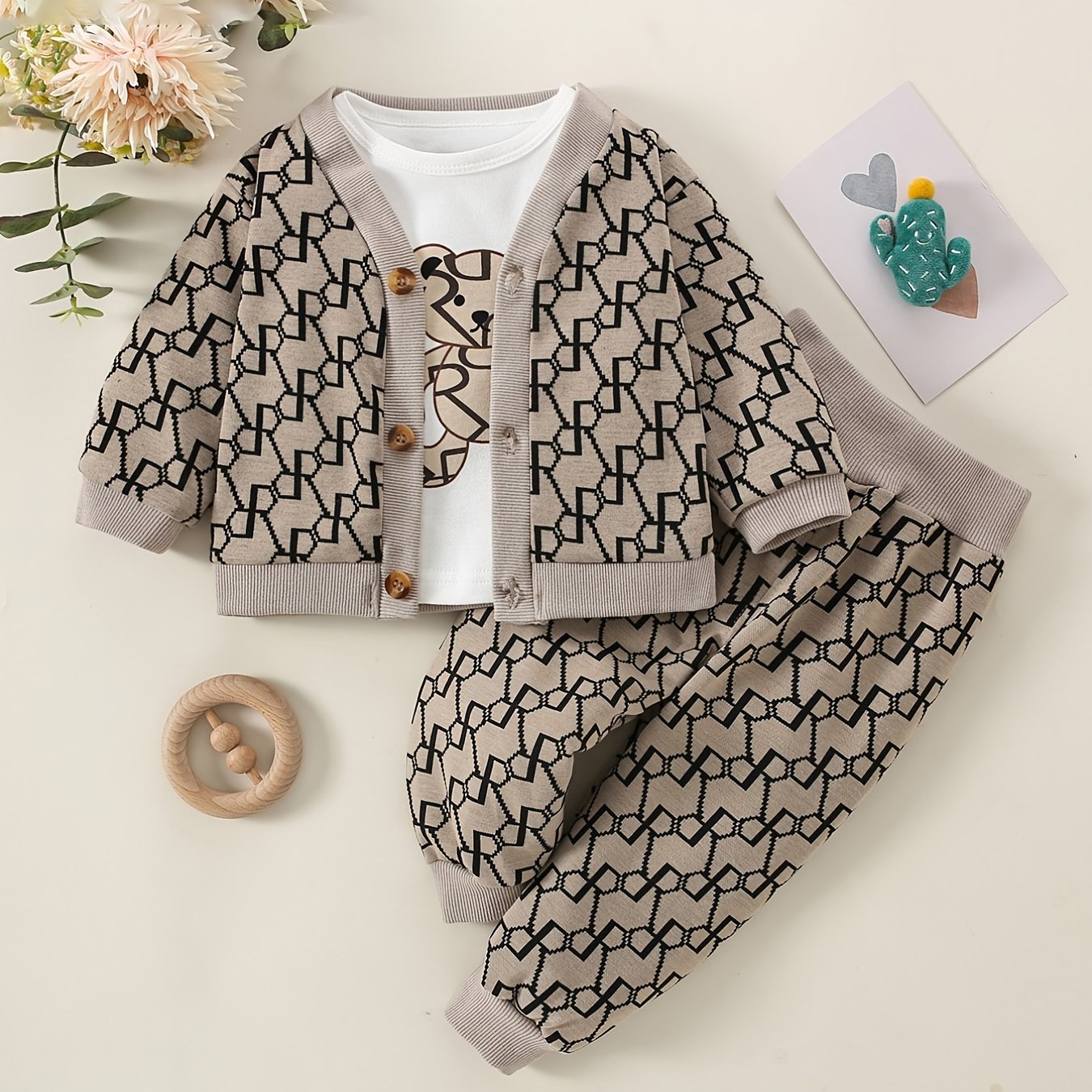 3pcs Baby Boy Bear Print Top & Geometric Cardigan & Matching Pants