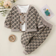 3pcs Baby Boy Bear Print Top & Geometric Cardigan & Matching Pants
