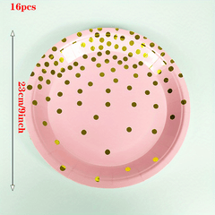 16pcs Pink/Gold Party Supplies Disposable Dinnerware Set for Birthday Baby Showe
