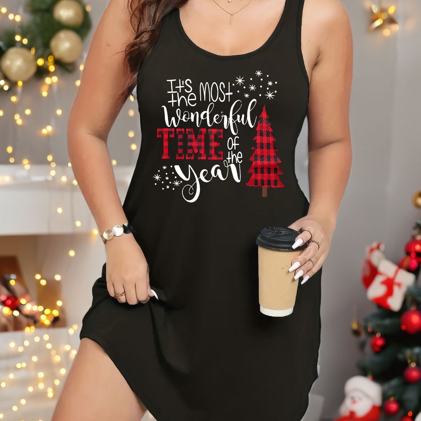 Plaid Christmas Tree & Slogan Print Long Sleeve T-shirt