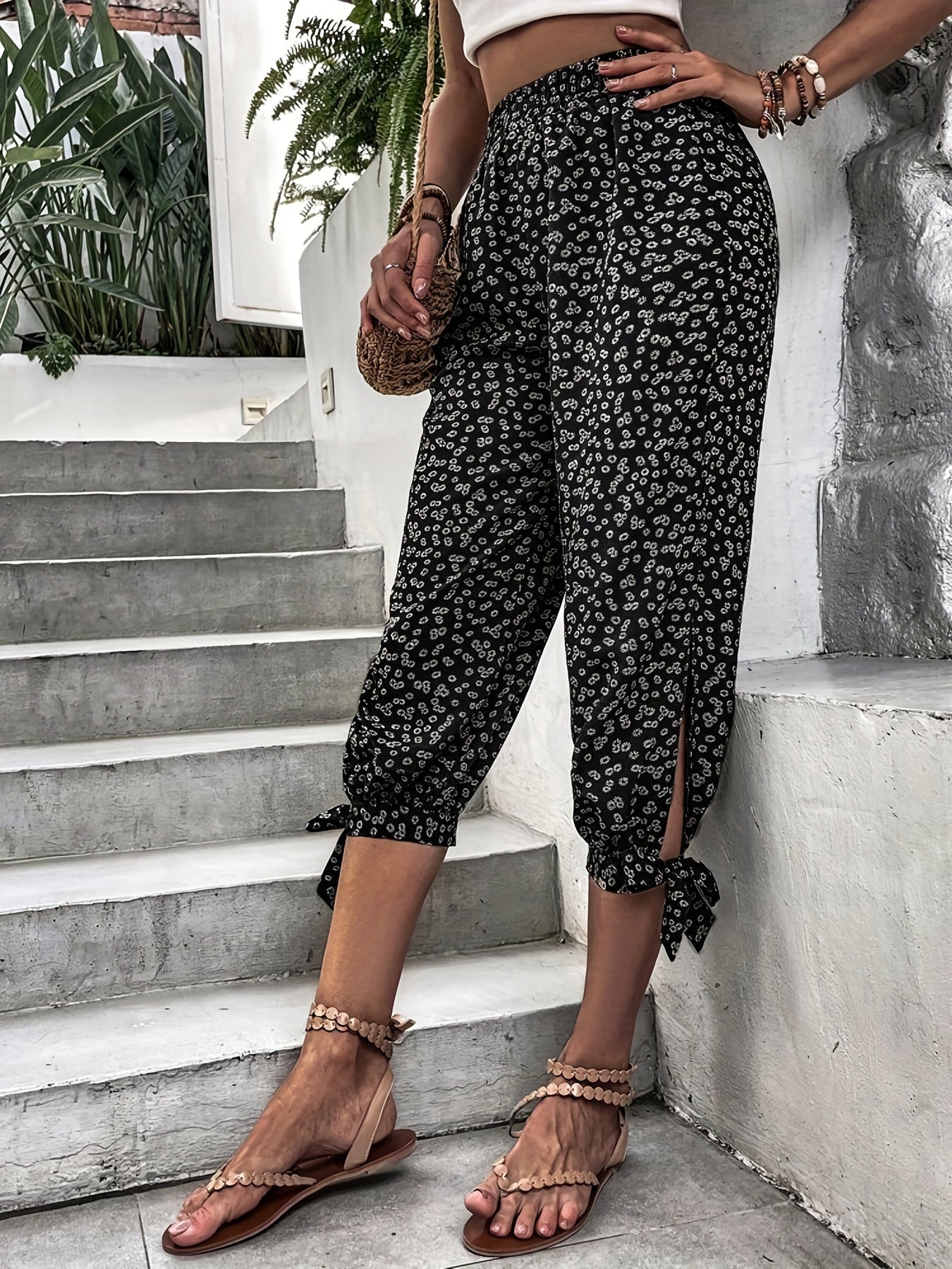 Floral Print Split Capris Pants Casual Knot Elastic Pants For Spring & Summer