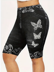 Denim & Butterfly Print High Rise Skinny Shorts