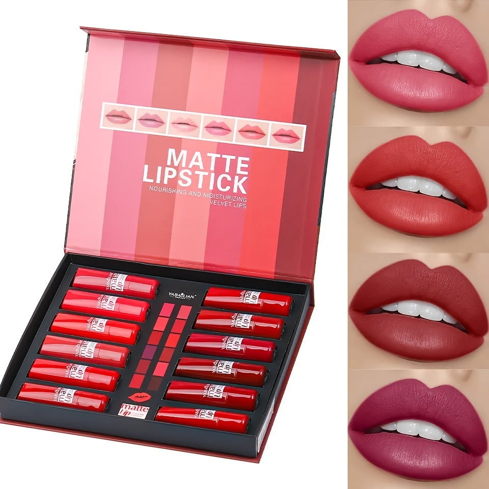 12 High Pigmented Matte Lipsticks Long Lasting Waterproof