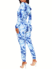 Tie Dye Two Piece Set Zip Up Hooded Sweatshirt & Drawstring Skinny Pants Outfit