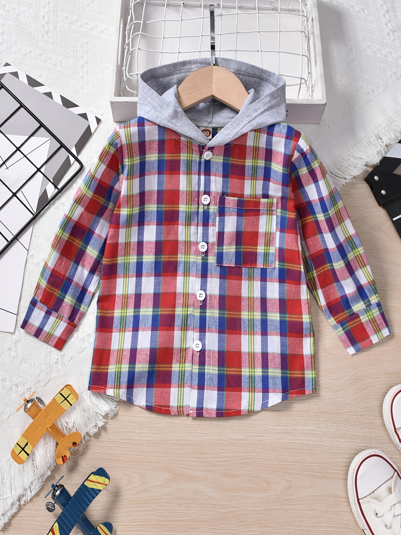 Boys Hooded Checked Shirt Kids Clothes