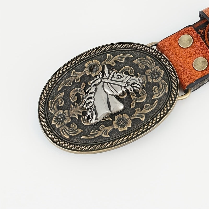 1pc Horse Head Buckle Casual Belt Western Cowboy Leather Vintage Belt